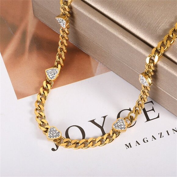 Jewelry - Yellow Gold Casual Women's Engraved Heart & Rhinestone Steel Chain Necklace